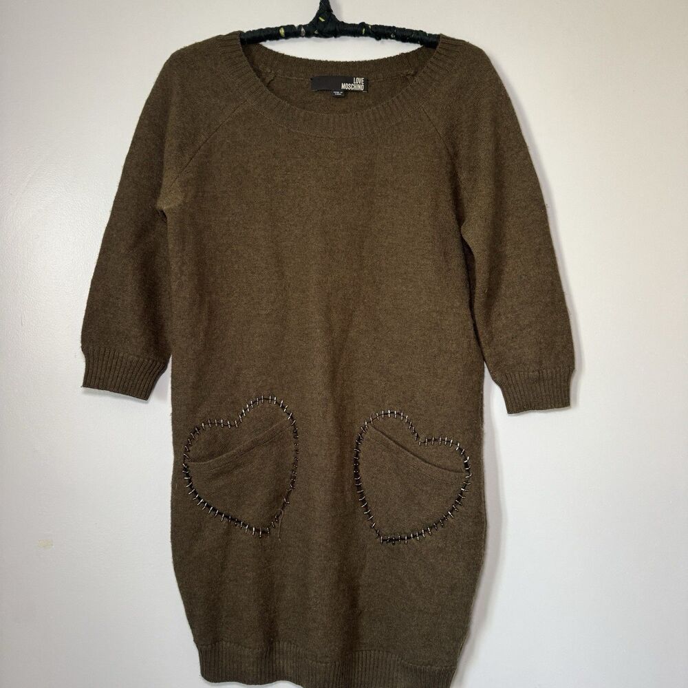 Stunning Vintage Pierced Love Moschino Olive Wool Dress Silver Hardware Sz XS